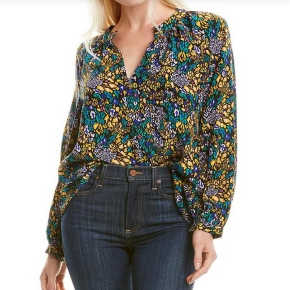 Tanya Taylor Amy Leopard Print 100% Silk Blouse Button Top Neckline Animal XS